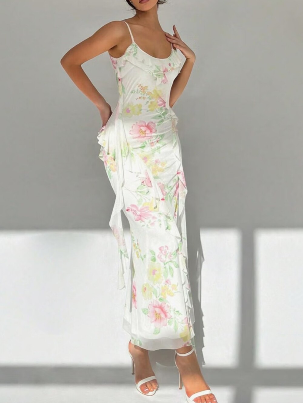 New Floral White Spaghetti-Strap Maxi Dress